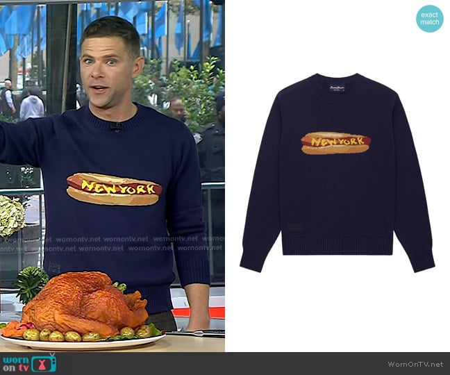 Rowing Blazers Cotton NY Hot Dog Sweater in Navy worn by Mikey Day on Today