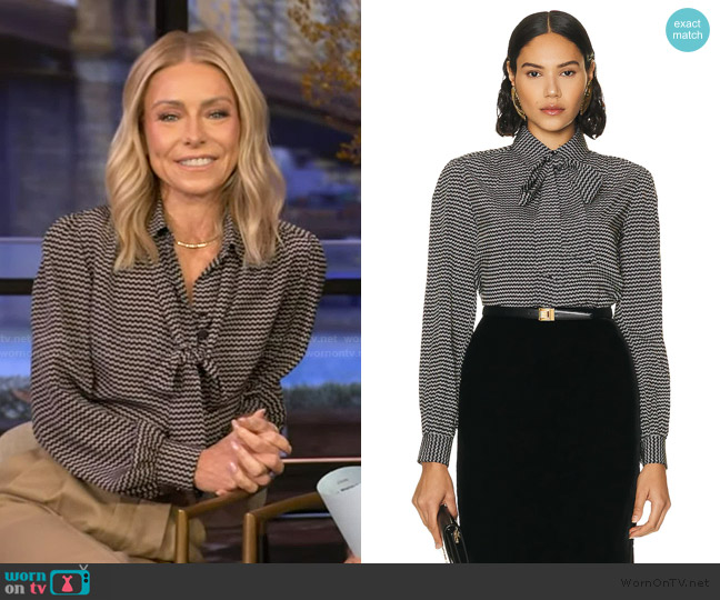 Saint Laurent Lavalliere Neck Blouse worn by Kelly Ripa on Live with Kelly and Mark