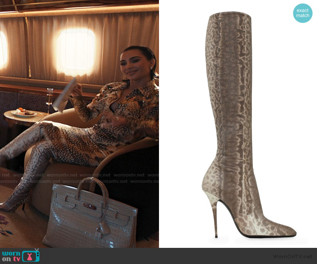 Saint Laurent Talia Boots In Snakeskin In Roccia worn by Allura Grant (Kim Kardashian) on Alls Fair