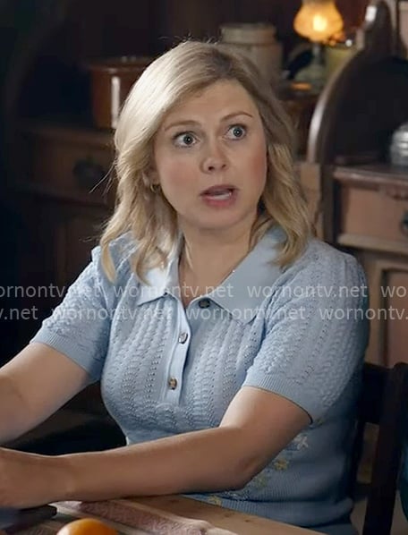 Sam’s blue pointelle knit polo sweater on Ghosts