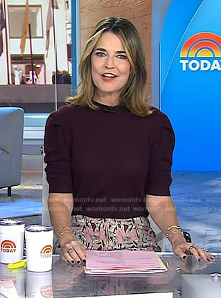 Savannah’s burgundy puff sleeve sweater and floral pants on Today