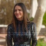 Sandra’s black sequin stripe top on Selling Sunset