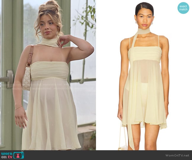 Seroya Sahar Mini Dress in Pastel Yellow worn by Jen Affleck on The Secret Lives of Mormon Wives