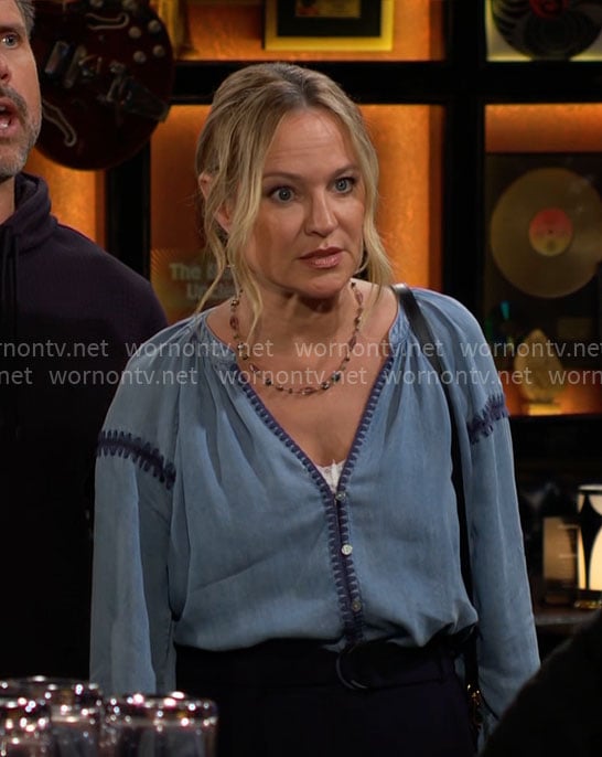 Sharon’s blue embroidered top on The Young and the Restless