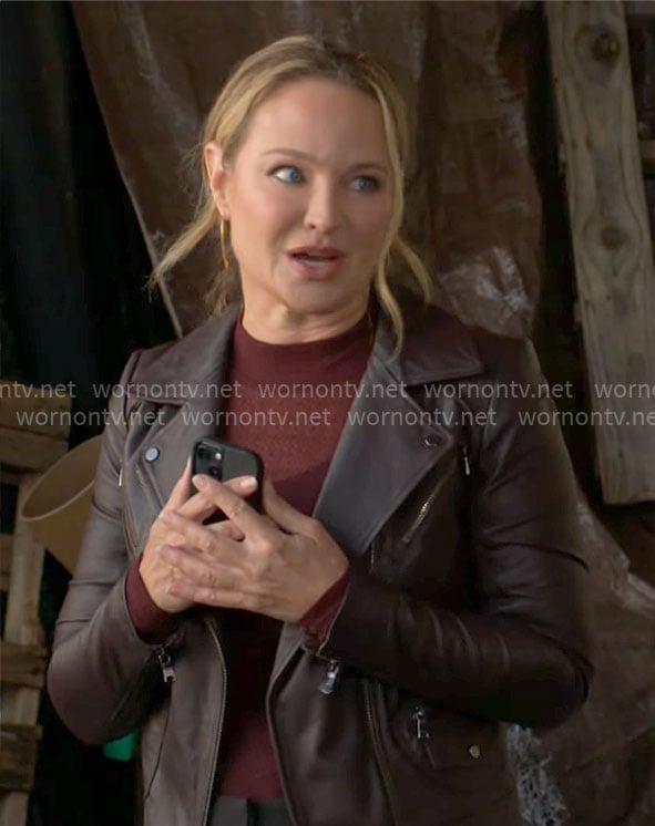 Sharon’s purple leather moto jacket on The Young and the Restless