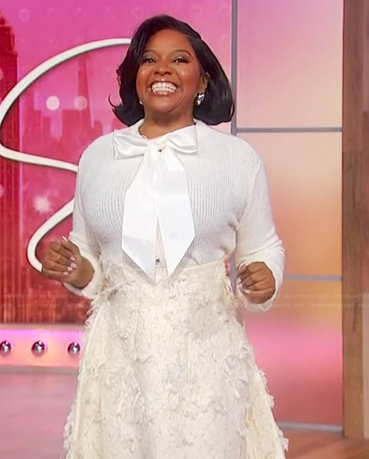 Sherri’s textured skirt and tie neck cardigan on Sherri