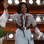 Sheryl Lee Ralph’s blue lace inset blouse and skirt on The Kelly Clarkson Show
