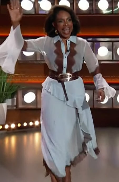 Sheryl Lee Ralph’s blue lace inset blouse and skirt on The Kelly Clarkson Show