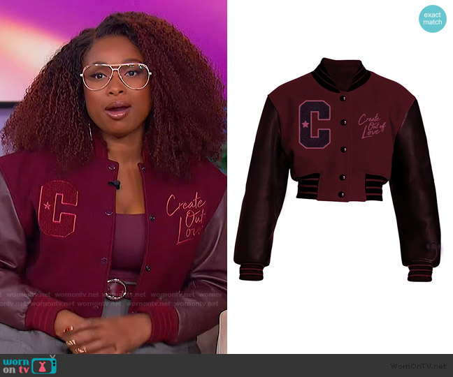 Shop Cool Creative Burgundy Cropped Letterman Jacket worn by Jennifer Hudson on The Jennifer Hudson Show