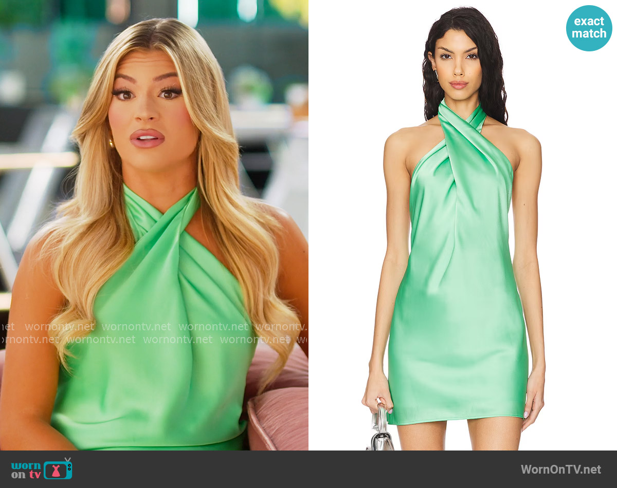 Show Me Your Mumu Jasmine Halter Mini Dress in Kiwi Lux Satin worn by Fiona Belle (Fiona Belle) on Selling the OC