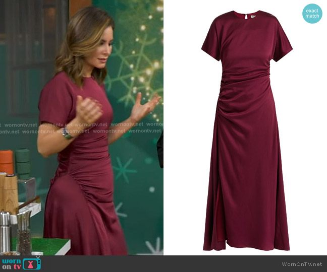 Simkhai Marabella Ruched Maxi Dress in Cranberry worn by Rebecca Jarvis on Good Morning America