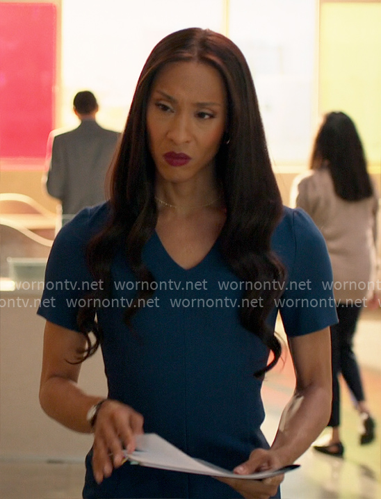Sofia’s teal blue v-neck sheath dress on Loot