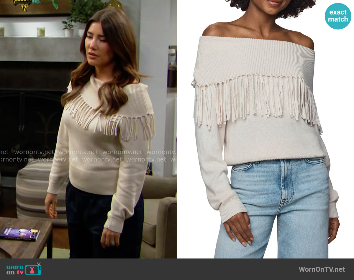 Splendid Simone Fringe Off the Shoulder Sweater worn by Steffy Forrester (Jacqueline MacInnes Wood) on The Bold and the Beautiful