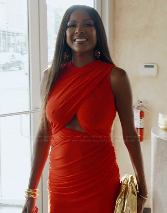 Stacey’s red crossover dress on The Real Housewives of Potomac