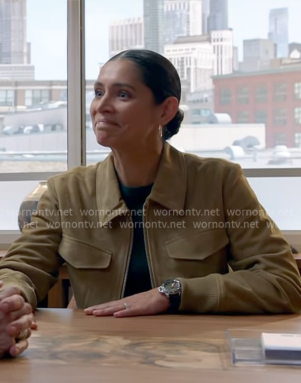 Stella’s suede bomber jacket on Chicago Fire