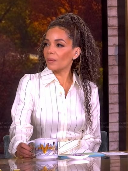 Sunny’s white satin stripe shirtdress on The View