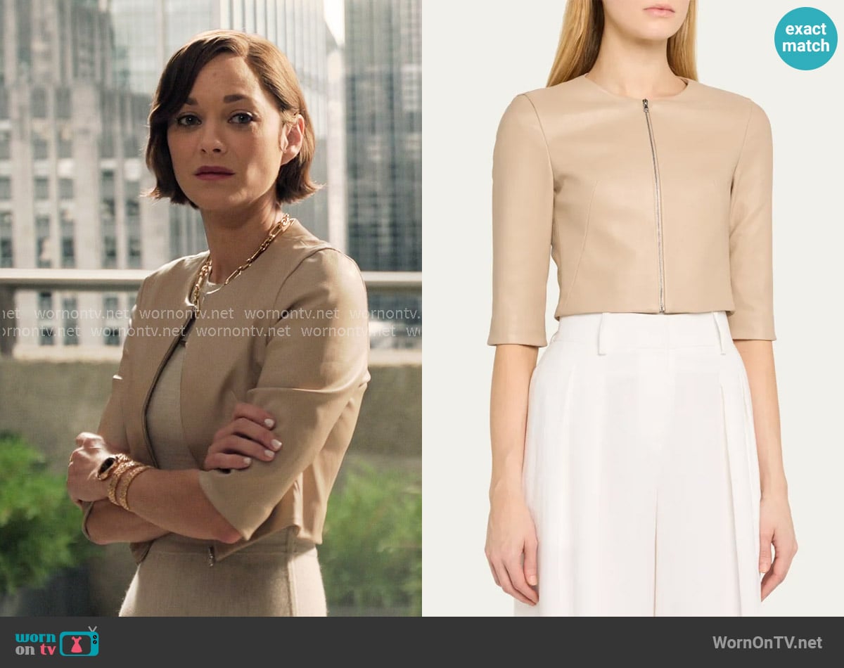 Susan Bender Stretch Leather Zip-Front Cardigan worn by Celine Dumont (Marion Cotillard) on The Morning Show