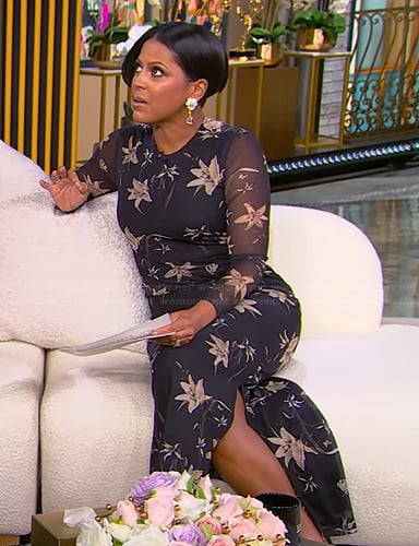 Tamron’s black floral mesh dress on Tamron Hall Show