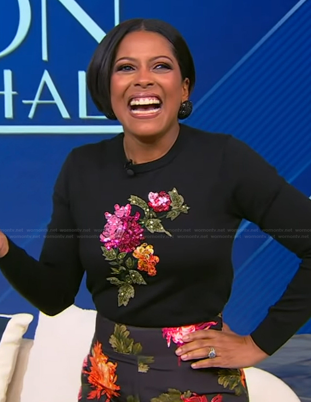 Tamron’s floral sequin sweater and pants on Tamron Hall Show