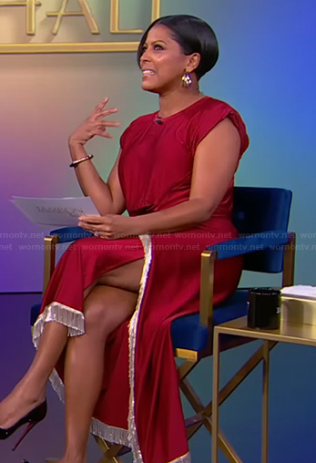 Tamron’s red satin fringe wrap dress on Tamron Hall Show
