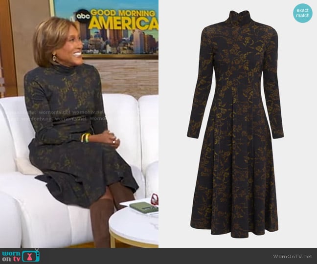 Tanya Taylor Thea Turtleneck Midi Dress in Black Forest worn by Robin Roberts on Good Morning America