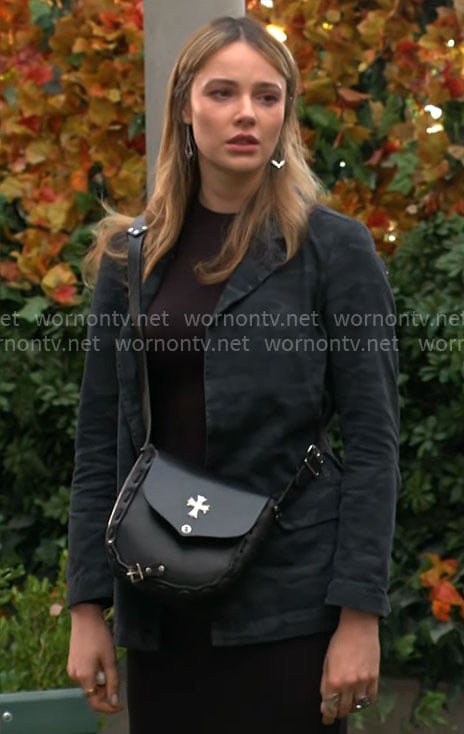 Tessa’s dark camo jacket on The Young and the Restless