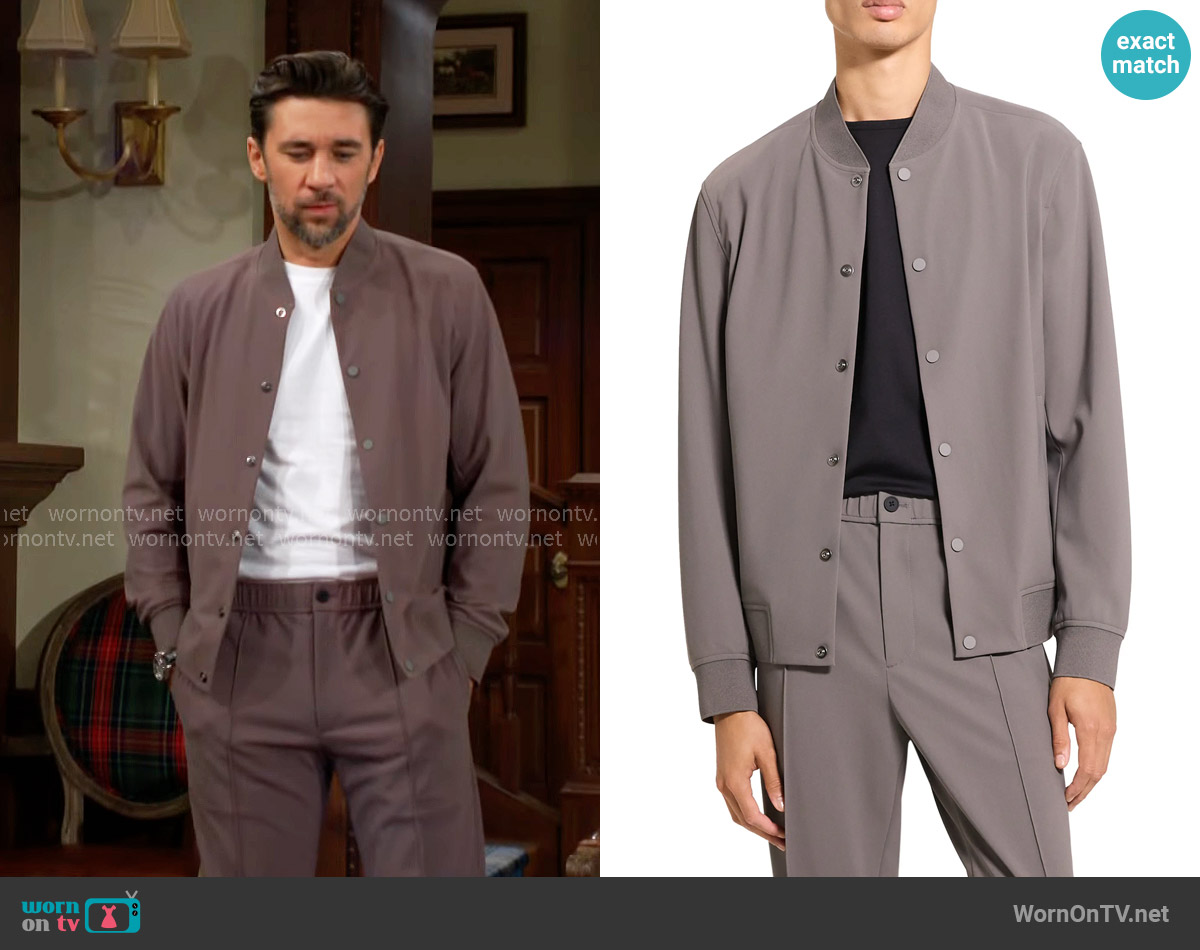 Theory Murphy Precision Bomber Jacket in Carbon Bax worn by Cane Ashby (Billy Flynn) on The Young and the Restless