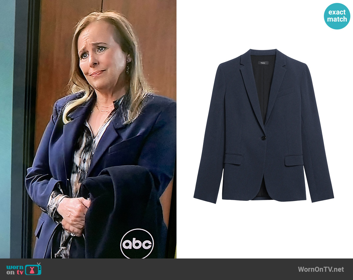 Theory Staple Classic Crepe Single-Button Blazer in Nocturne Navy worn by Laura Collins (Genie Francis) on General Hospital