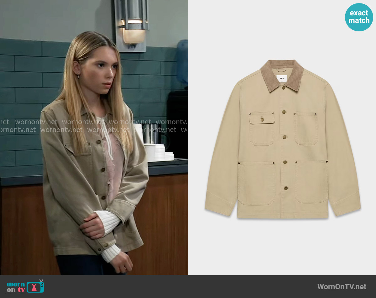 TNA Barnett Lightweight Chore Jacket in Tan Khaki worn by Charlotte Cassadine (Bluesy Burke) on General Hospital