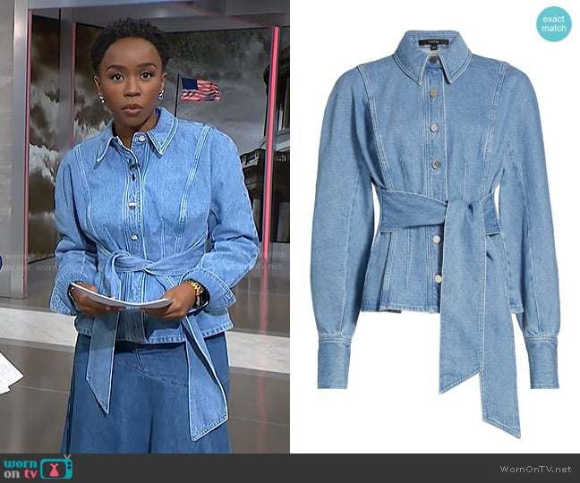Toccin Mina Washed Denim Belted Shirt worn by Zinhle Essamuah on NBC News Daily