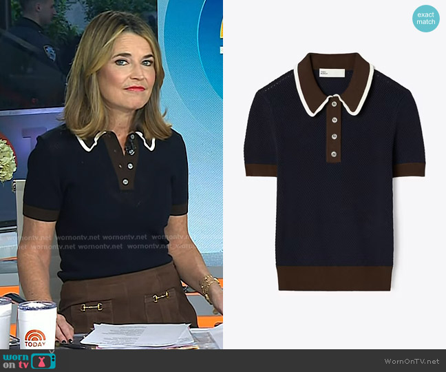 Tory Burch Viscose Pointelle Sweater in Tory Navy worn by Savannah Guthrie on Today
