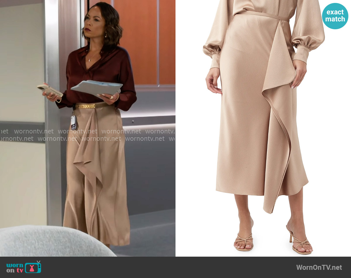 Trina Turk Sahel Satin Asymmetric Midi-Skirt in Camel worn by Nicole Dupree Richardson (Daphnee Duplaix) on Beyond the Gates