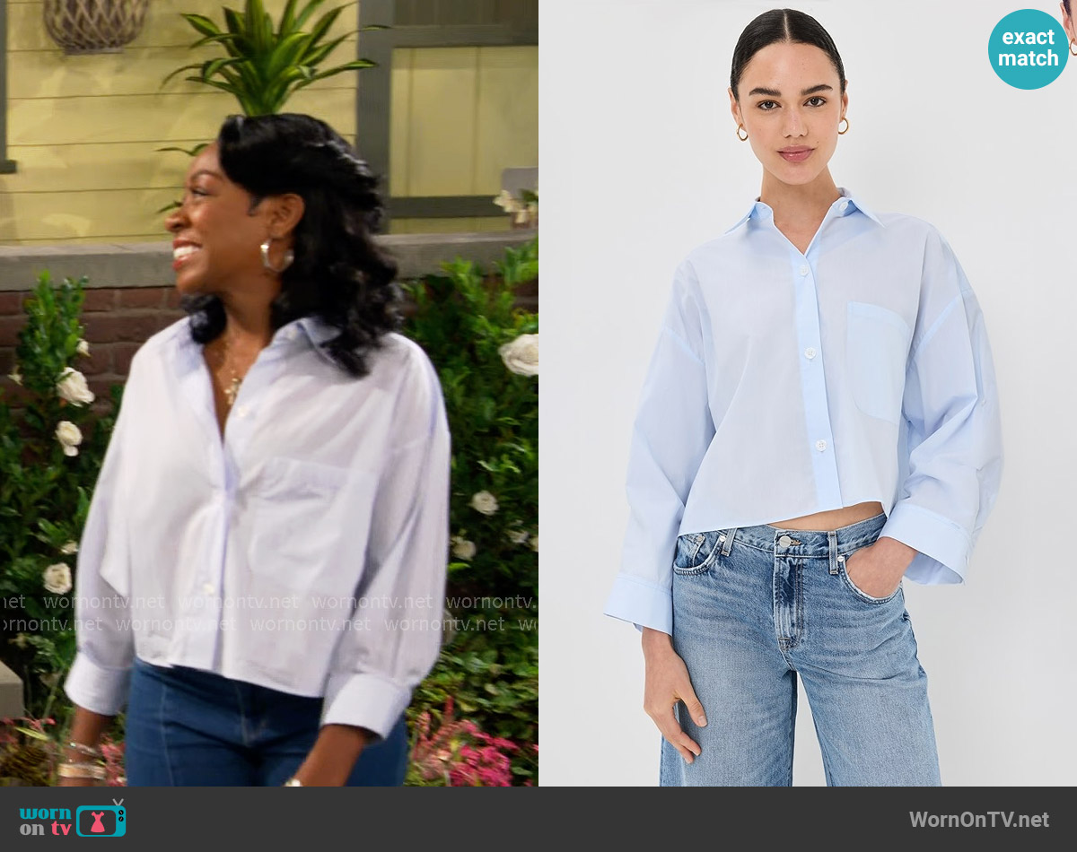 TWP Next Ex Shirt in Baby Blue worn by Tina Butler (Tichina Arnold) on The Neighborhood