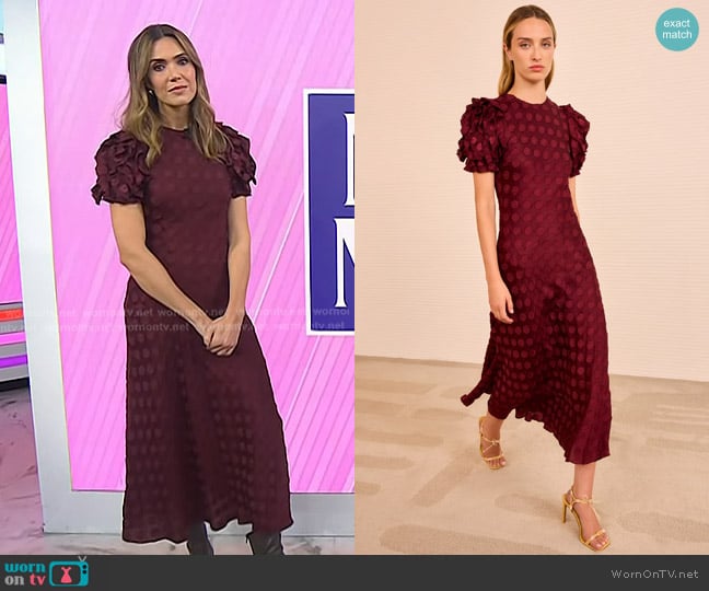 Ulla Johnson Elvia Ruffle Sleeve Midi Dress in Claret worn by Mandy Moore on Today