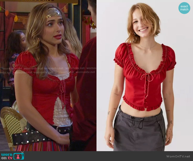 Urban Outfitters Abigail Ruffle Corset Top in Red worn by Holly Jonas (Ashley Puzemis) on Days of our Lives