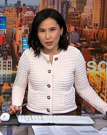 Vicky’s white textured cardigan on NBC News Daily