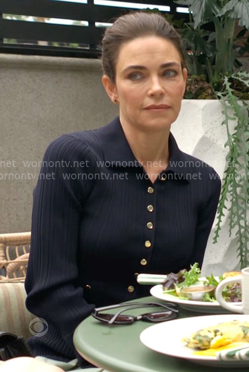 Victoria’s navy button front dress on The Young and the Restless