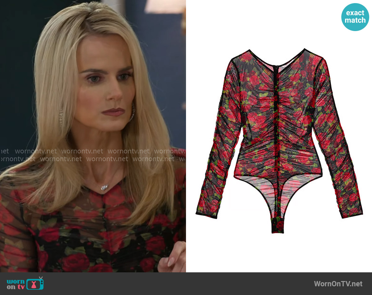 Victorias Secret Rose Mesh Shirred Long-Sleeve Bodysuit worn by Vanessa McBride (Lauren Buglioli) on Beyond the Gates