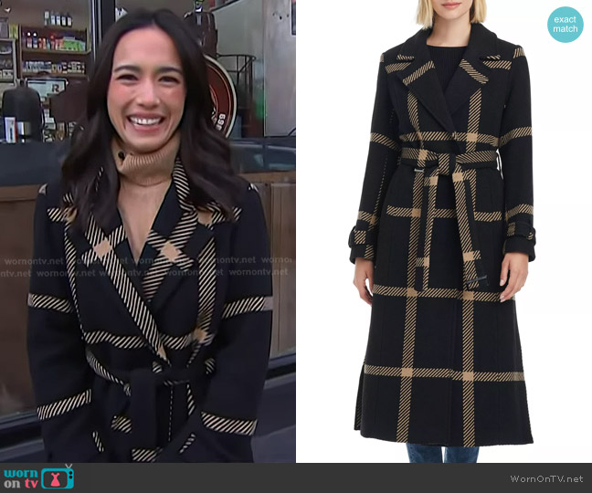 Vince Camuto Faux-Fur-Collar Plaid Maxi Wrap Coat in Black worn by Emilie Ikeda on Today