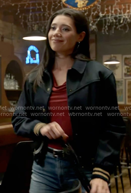 Violet’s navy jacket with striped trims on Chicago Fire