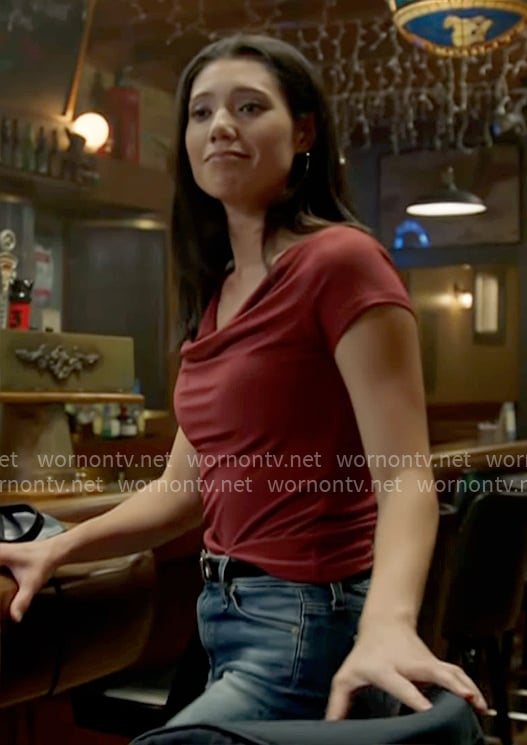 Violet’s red cowl-neck top on Chicago Fire