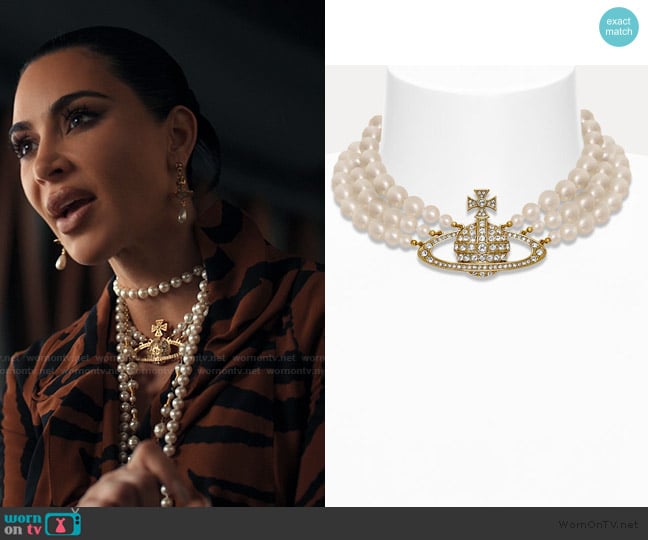 Vivienne Westwood Three Row Pearl Bas Relief Choker worn by Allura Grant (Kim Kardashian) on Alls Fair