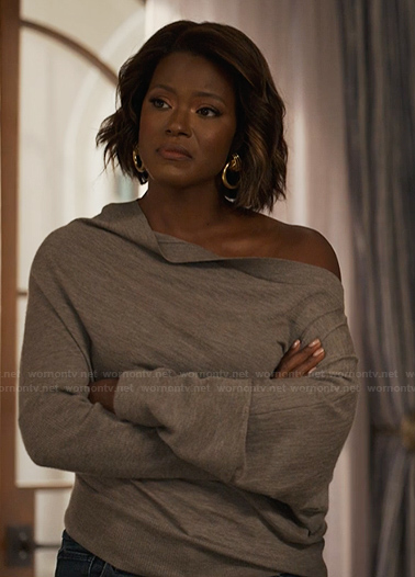 Viv’s gray off shoulder top on Bel-Air