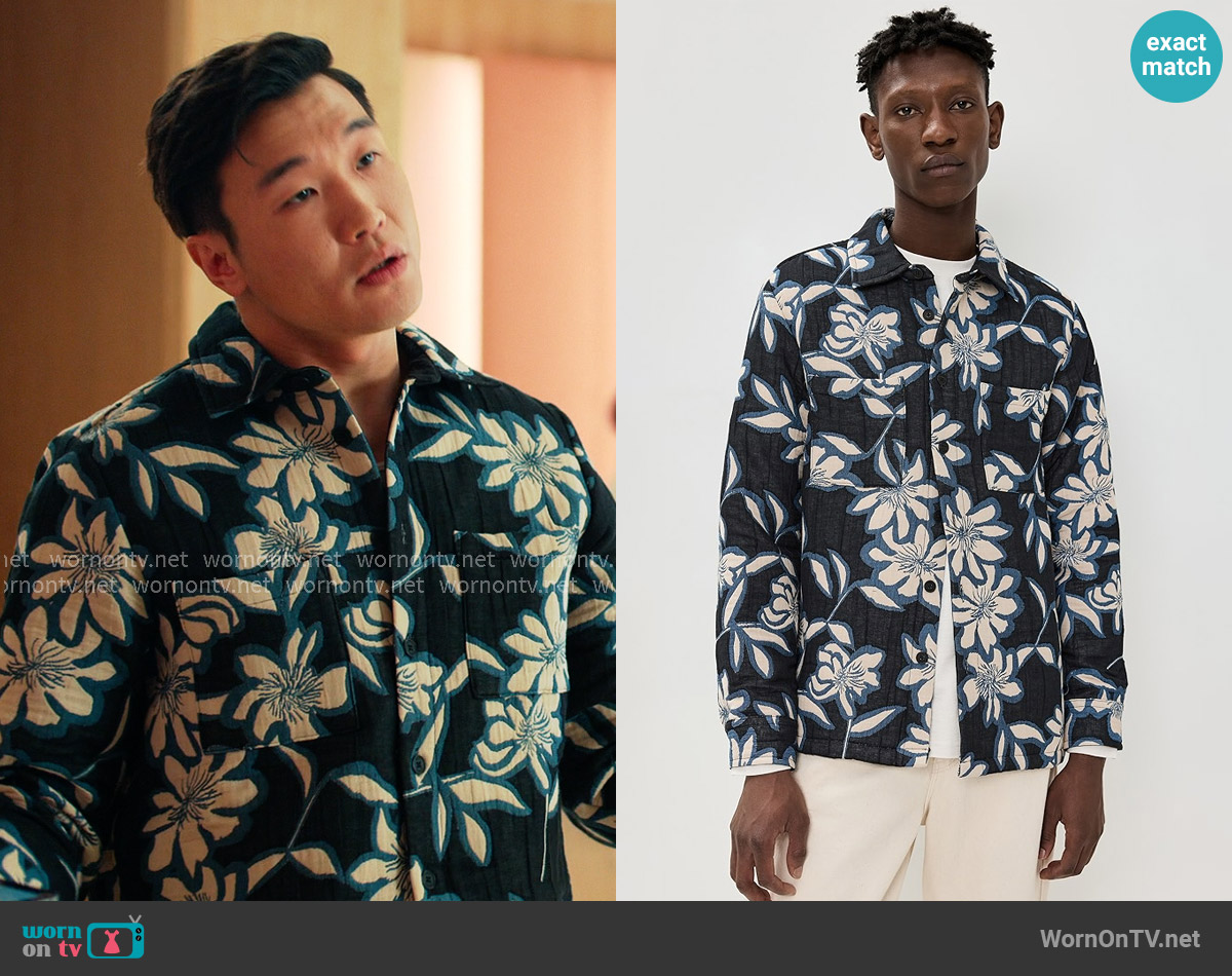 Wax London Otto Shirt Jacket in Ecru / Blue worn by Nicholas (Joel Kim Booster) on Loot