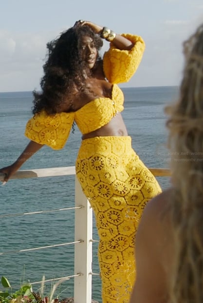 Wendy’s yellow crochet knit top and skirt on The Real Housewives of Potomac
