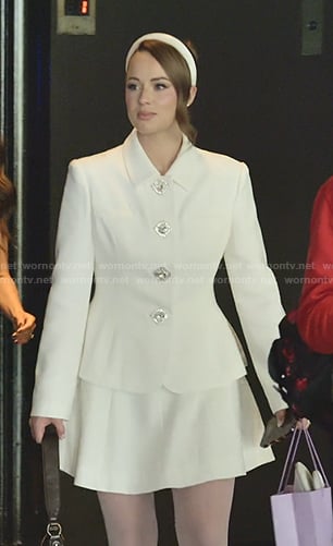 Whitney’s white embellished button jacket on The Secret Lives of Mormon Wives