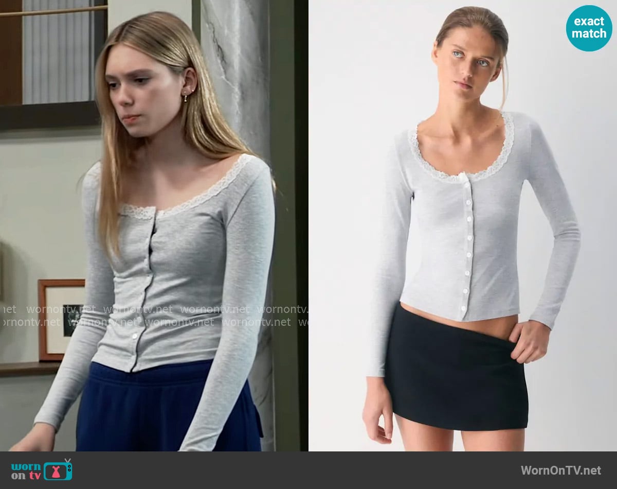 Wilfred GoodLux Berlin Longsleeve in Heather Chrome worn by Charlotte Cassadine (Bluesy Burke) on General Hospital