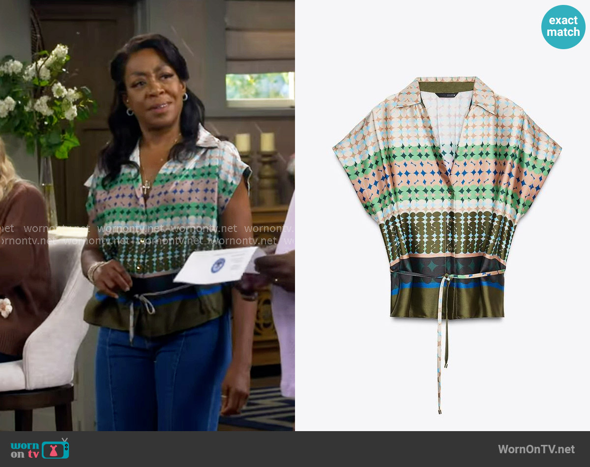 Zara Printed Satin Effect Shirt worn by Tina Butler (Tichina Arnold) on The Neighborhood