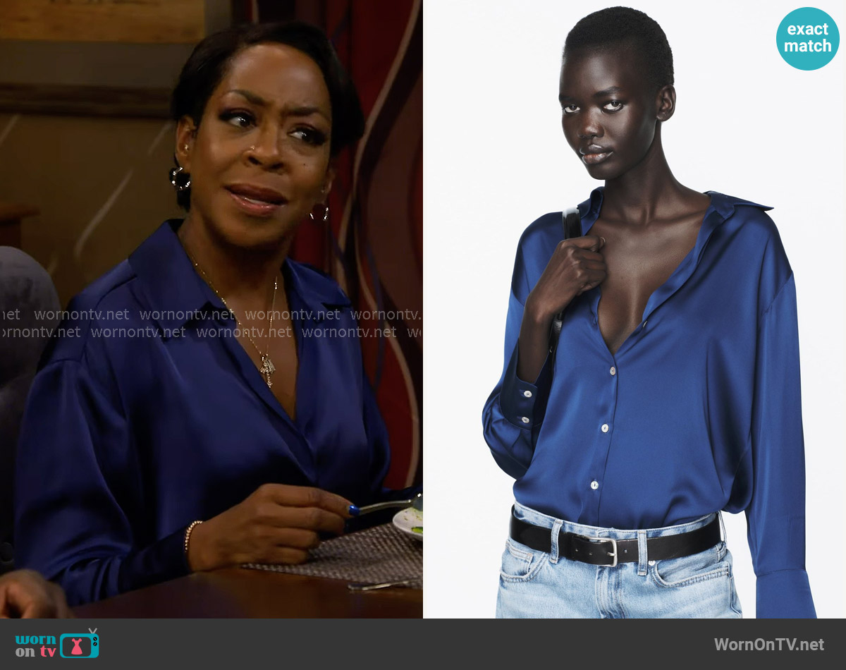 Zara Satin Effect Shirt worn by Tina Butler (Tichina Arnold) on The Neighborhood