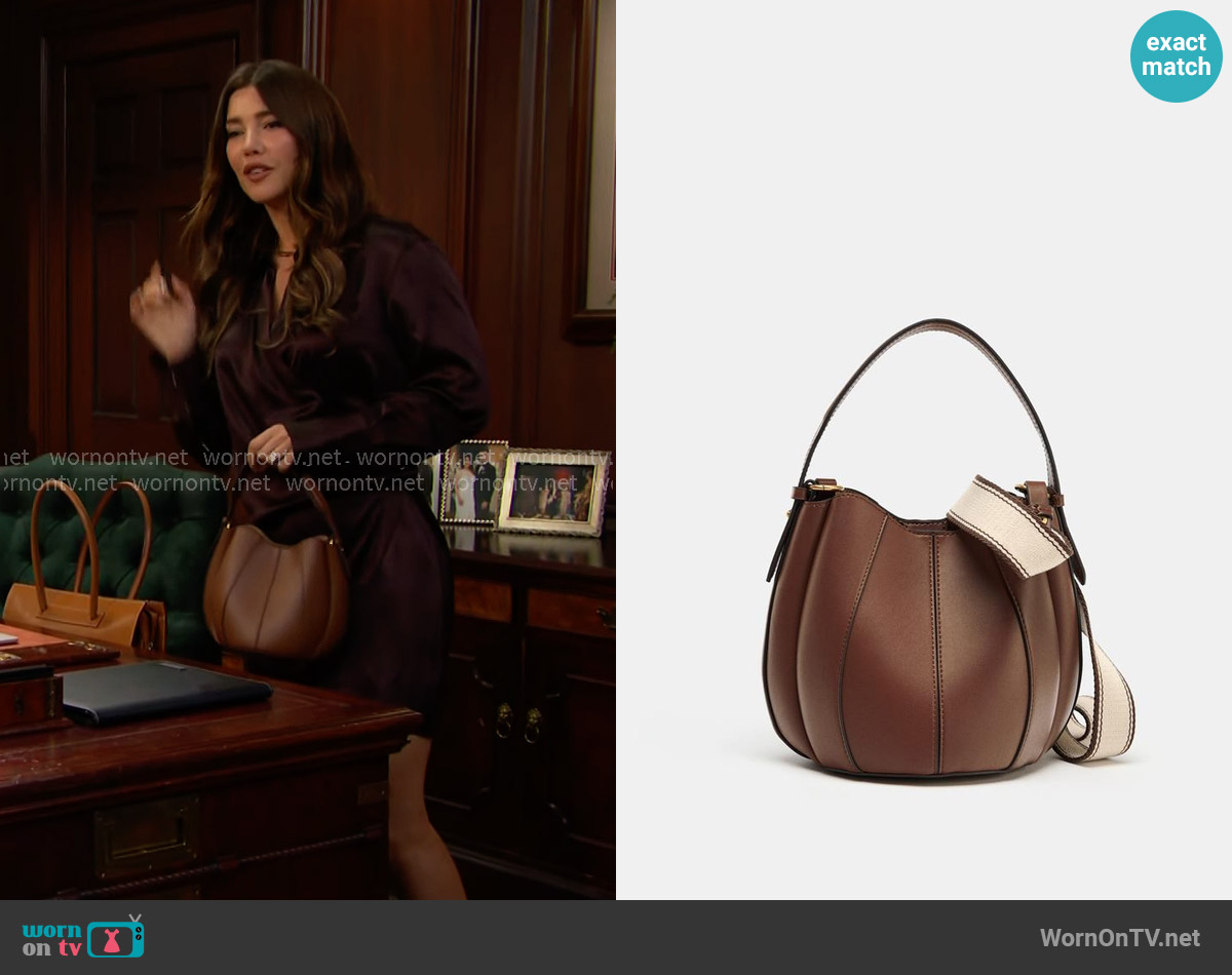 Zara Topstitched Bucket Bag worn by Steffy Forrester (Jacqueline MacInnes Wood) on The Bold and the Beautiful